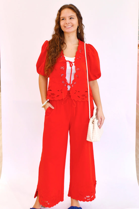 Red Eyelet Embroidery Detailing Tie Front Top