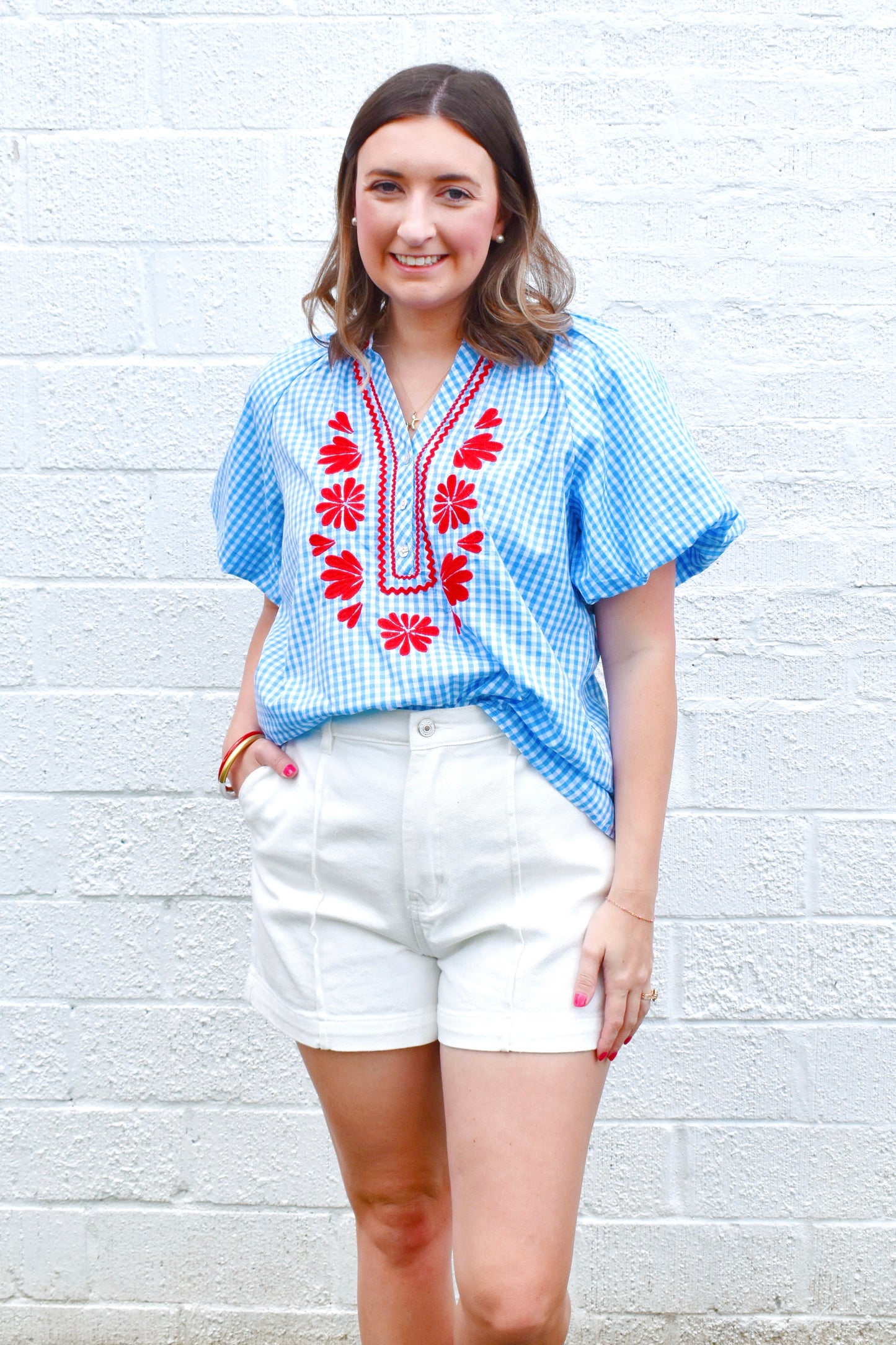 Blue Gingham Red Embroidery Blouse