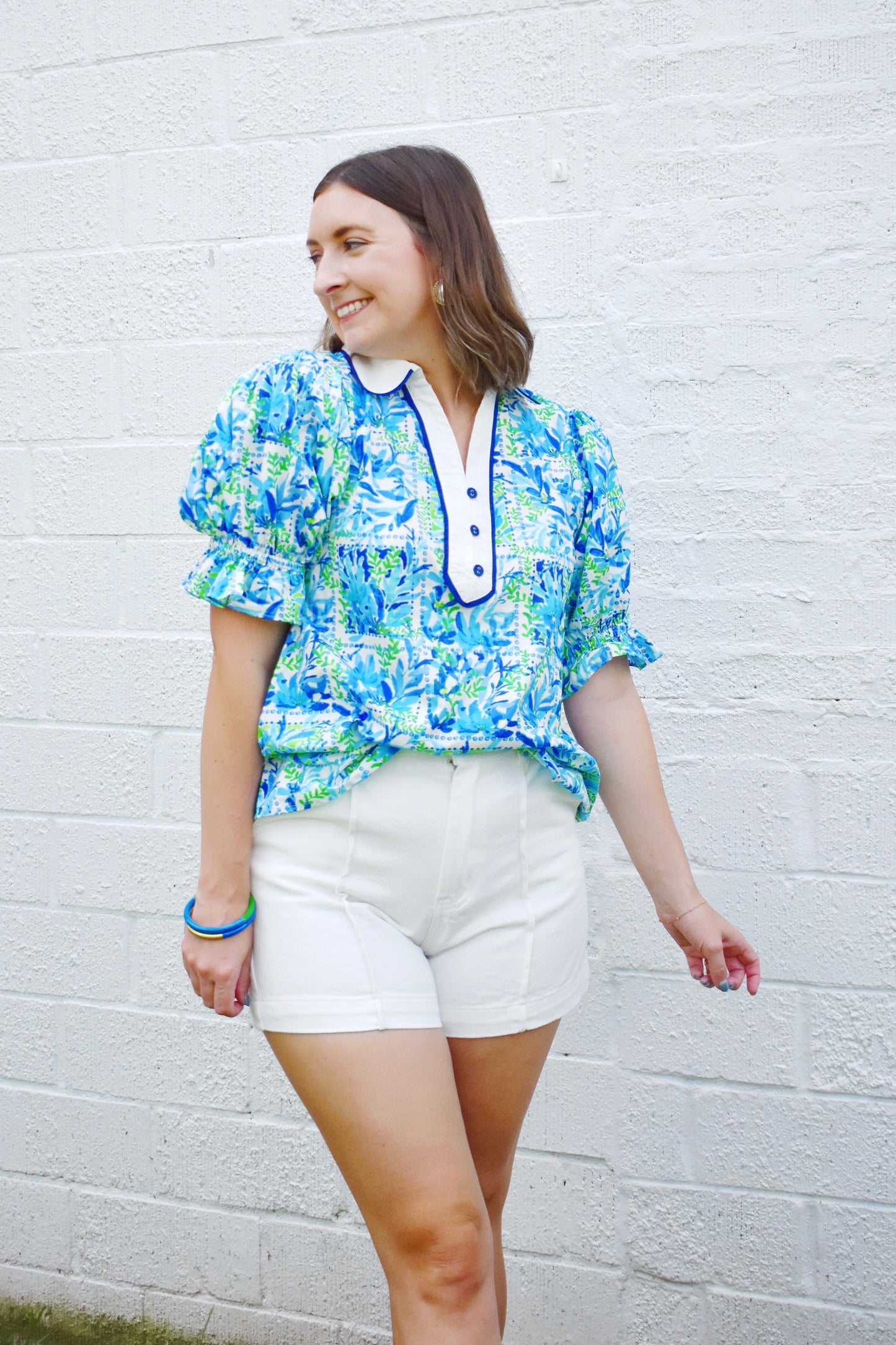 Blue & Green Watercolor Floral Collared Blouse