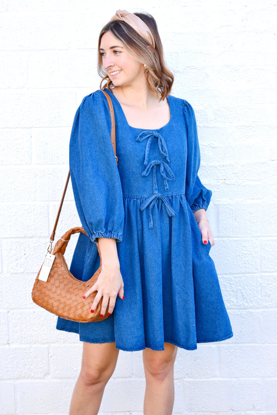 Denim Bow Detail Square Neck Dress