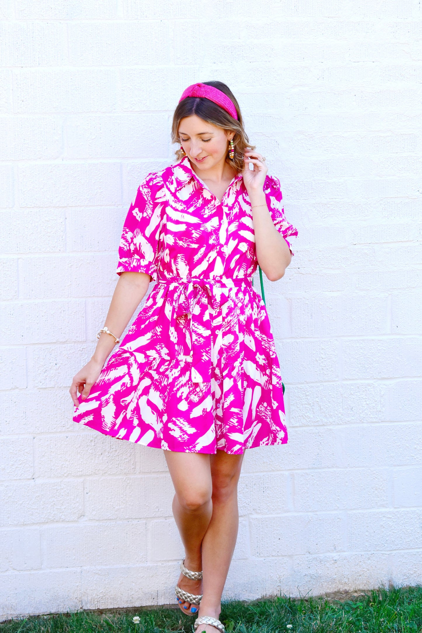 Hot Pink Brush Stroke Belted Dress