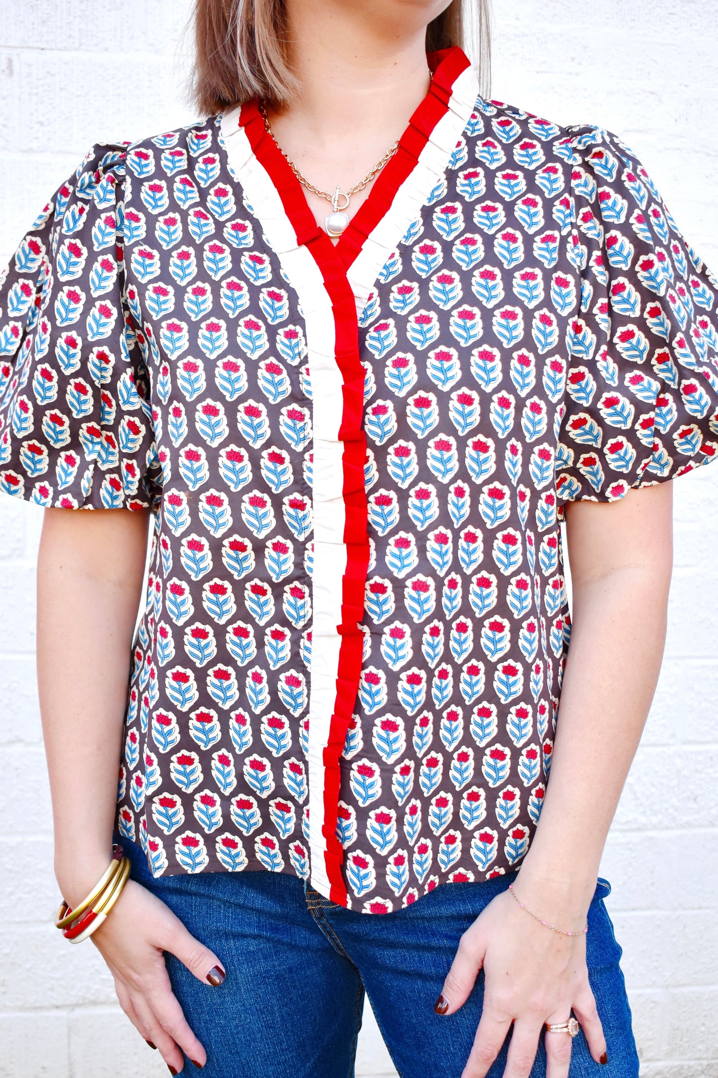 Brown Red & Blue Block Print Ruffle Blouse