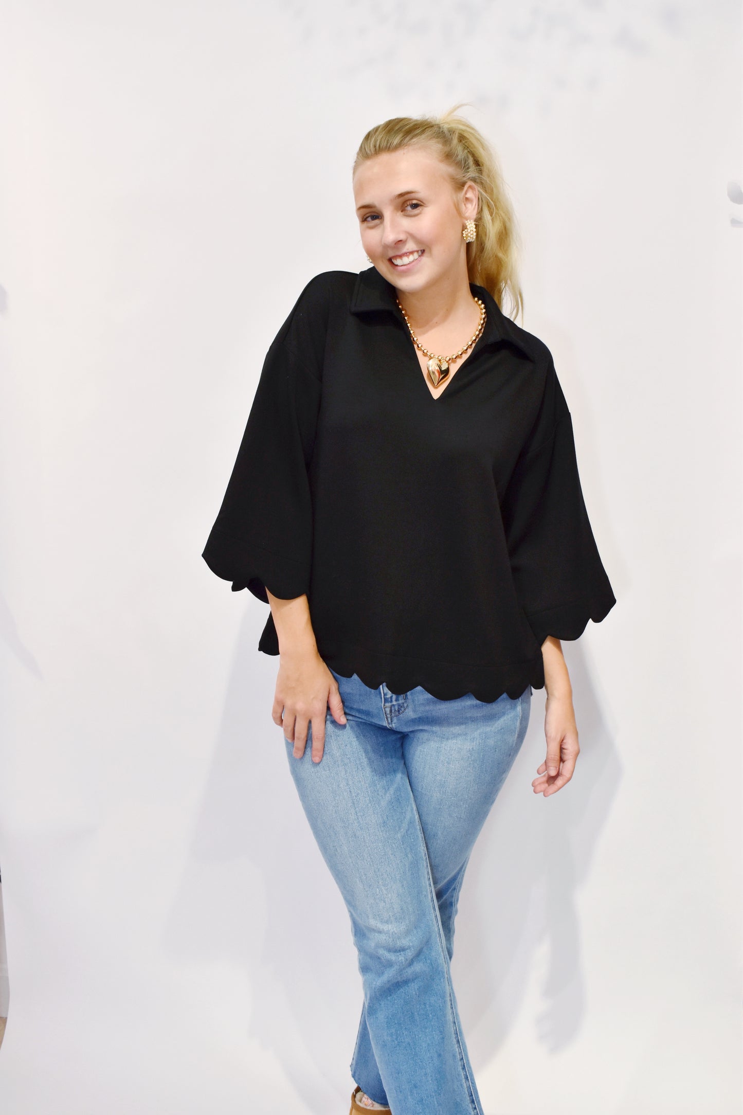 Black Scallop Hem Top