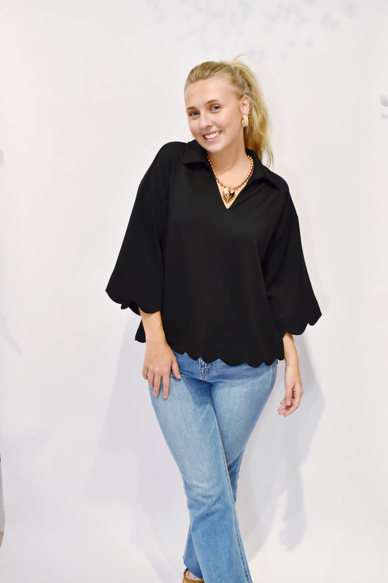 Black Scallop Hem Top