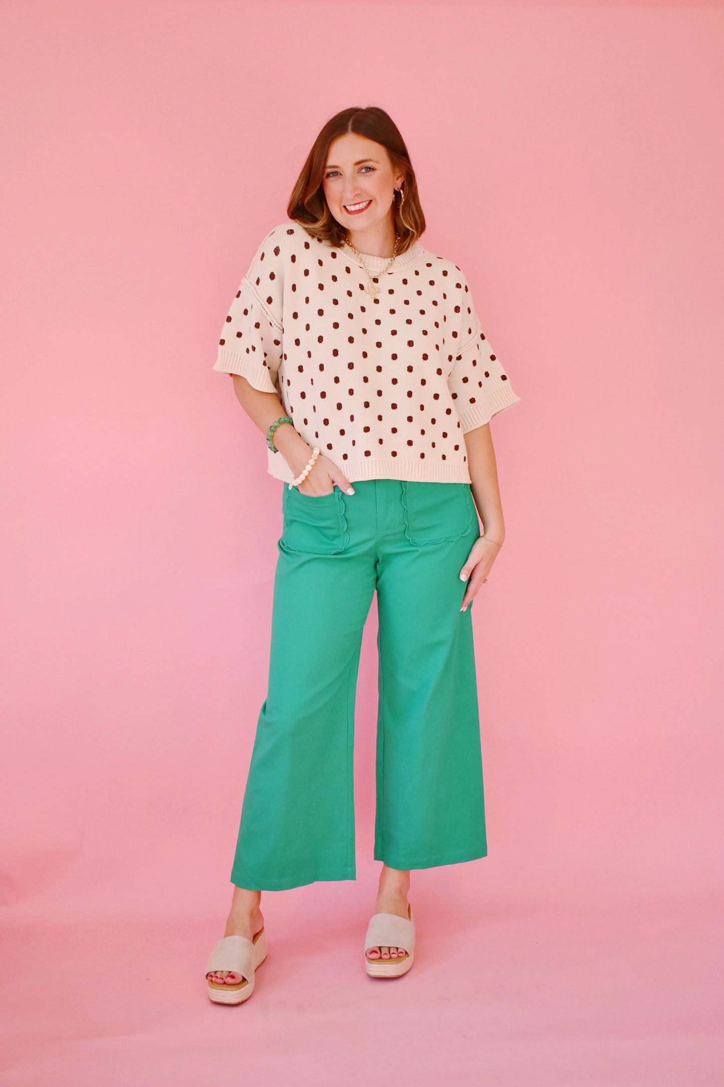Ecru Mocha Polka Dot Sweater Top