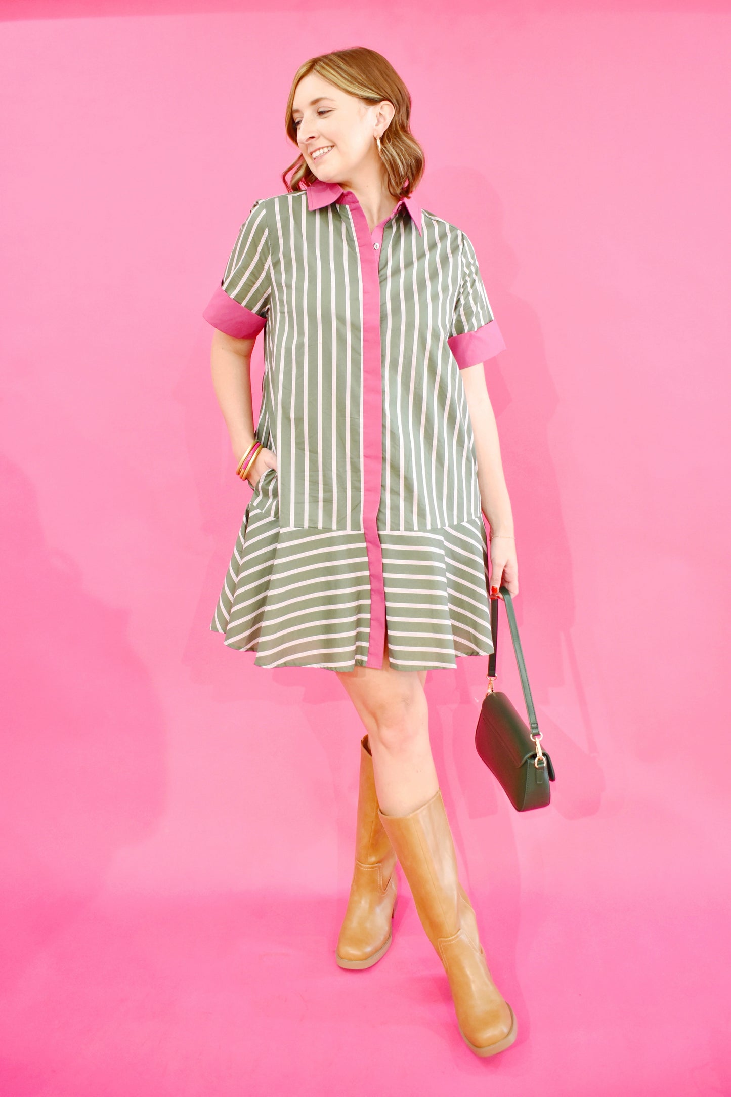 Army Stripe Pink Contrast Drop Waist Dress