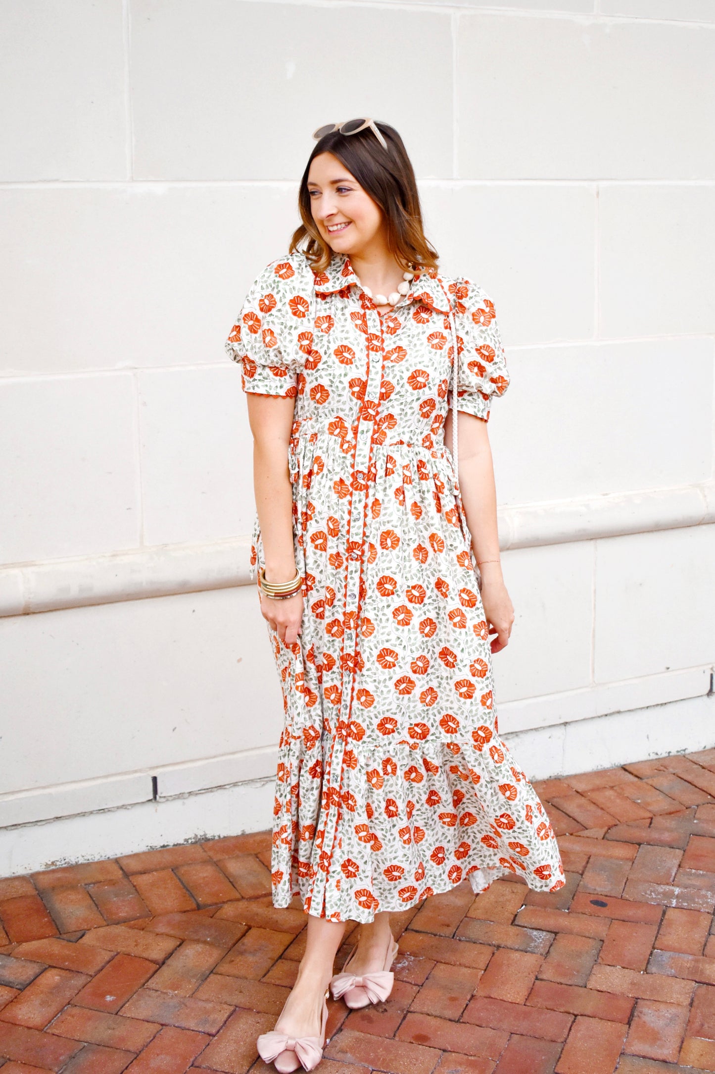 Rust Floral Button Down Midi Dress