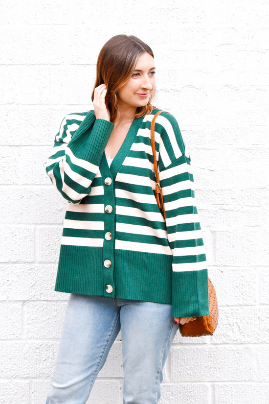 Hunter Green Striped Cardigan Sweater