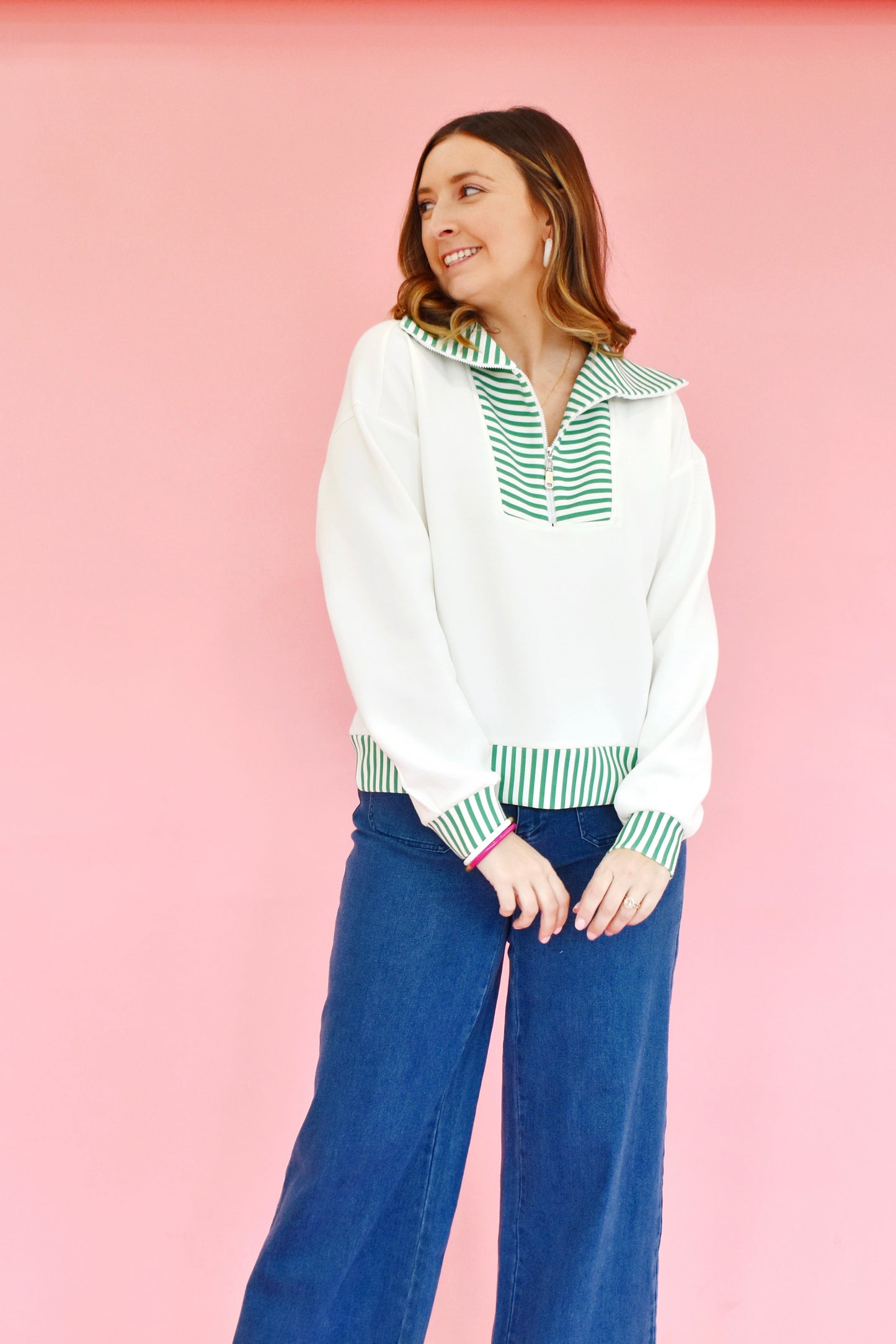 Ivory Kelly Green Stripe Zip Pullover