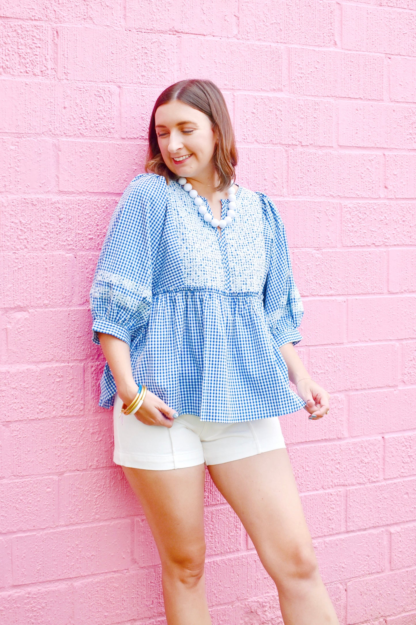 Royal Gingham Embroidered Babydoll Top