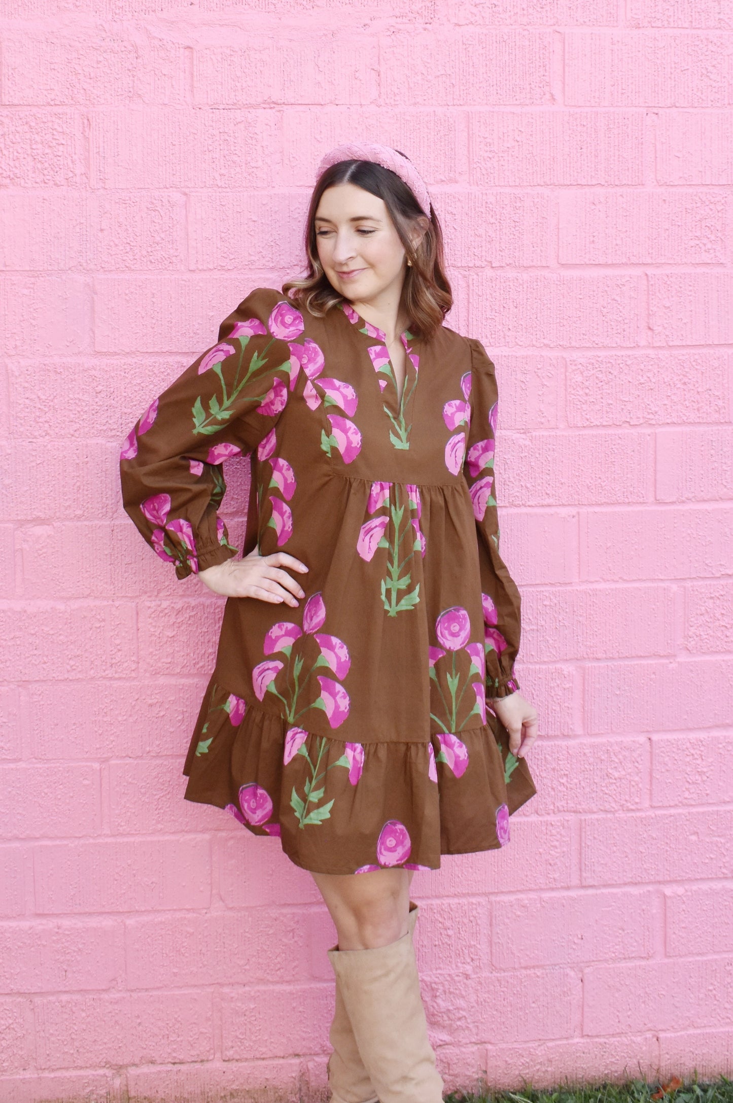 Chocolate & Pink Floral Babydoll Dress