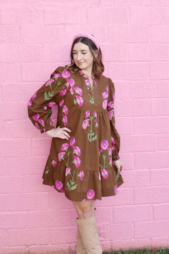 Chocolate & Pink Floral Babydoll Dress