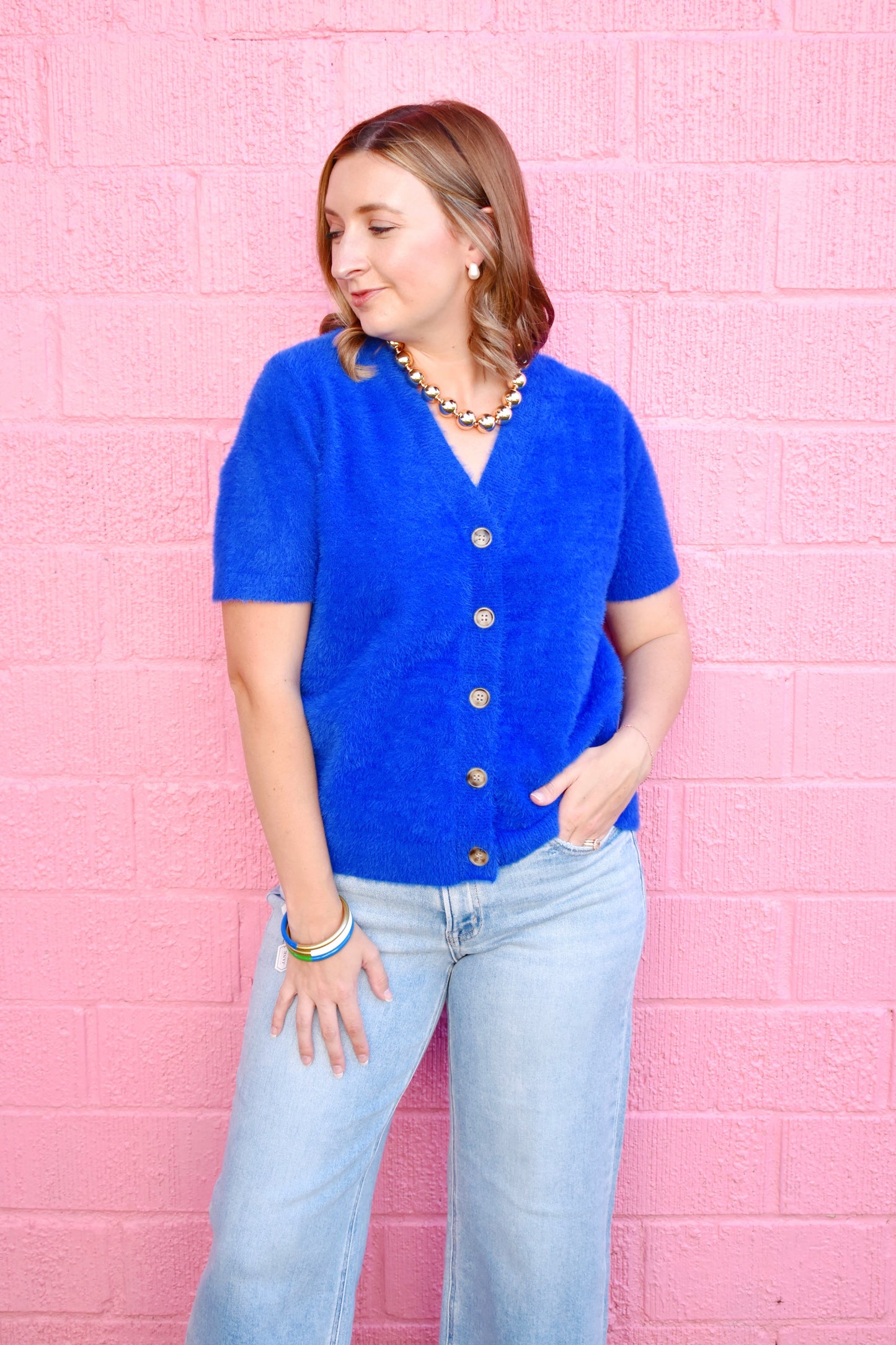 Royal Blue Button Down Short Sleeve Cardigan