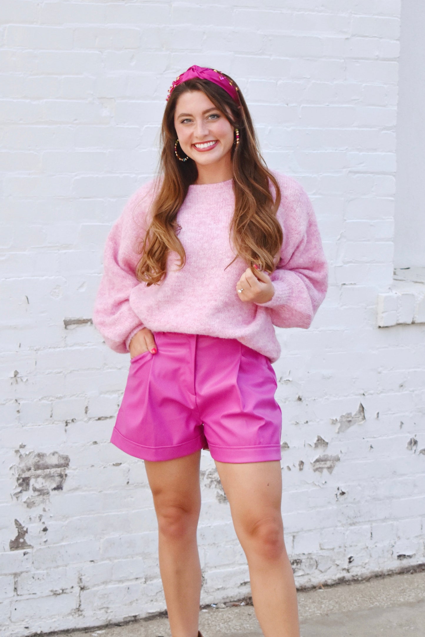 Pink Pleated Leather High Waist Shorts