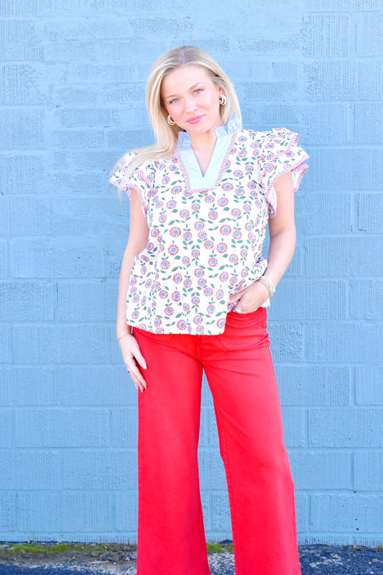 Red & Blue Floral Ruffle Blouse