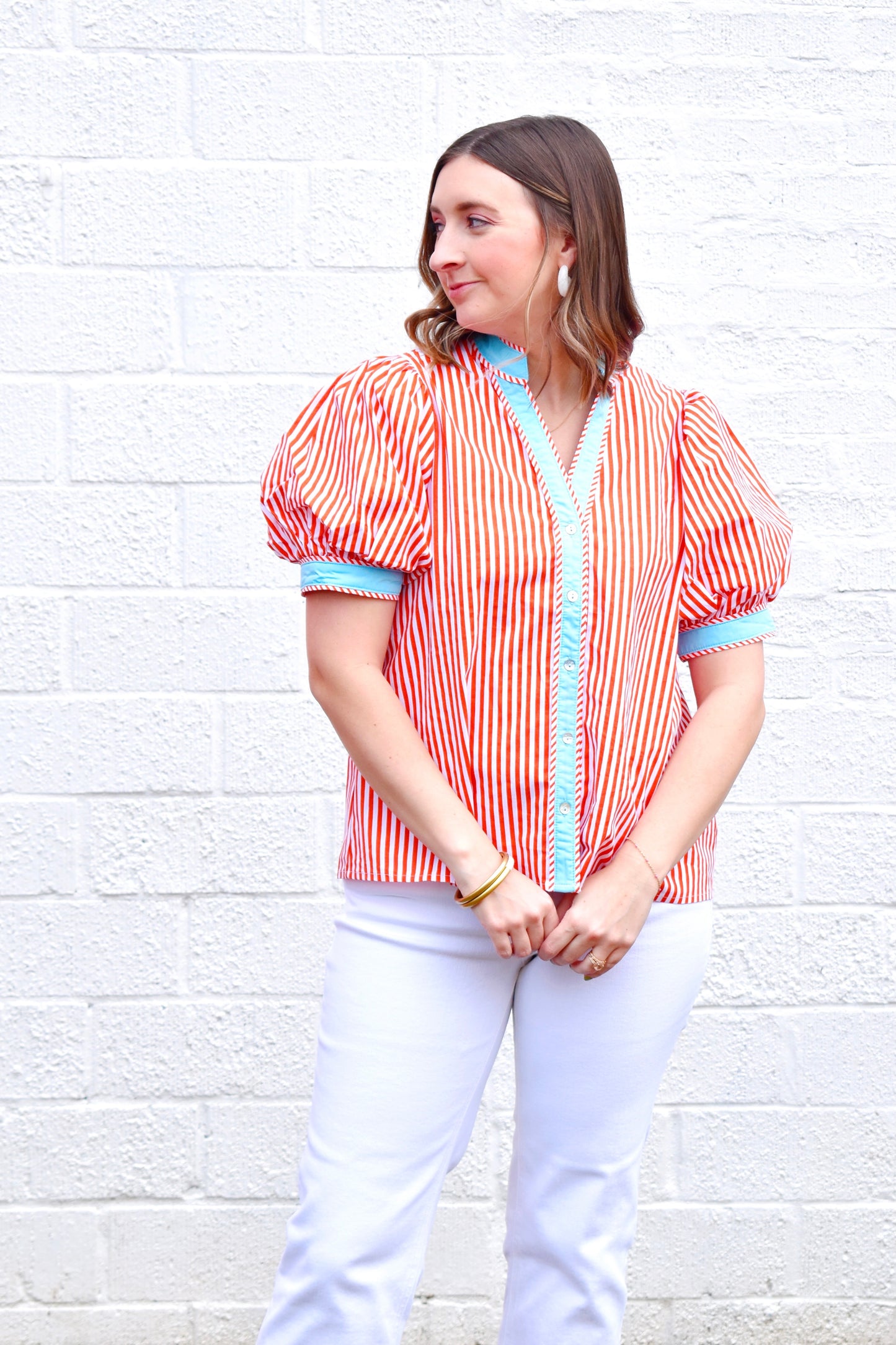 Orange Stripe & Blue Contrast Button Top