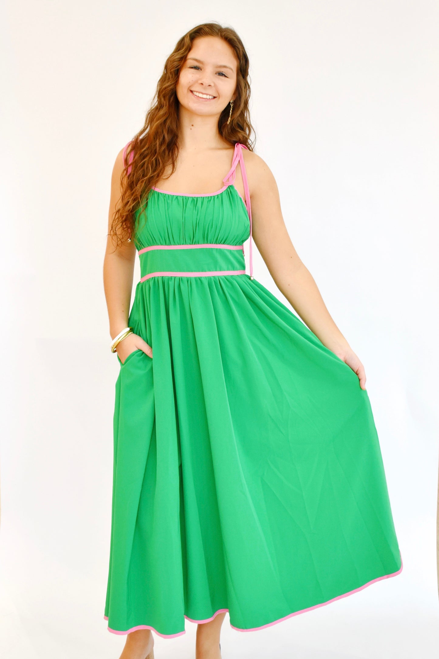 Green Pink Contrast Tie Strap Midi Dress