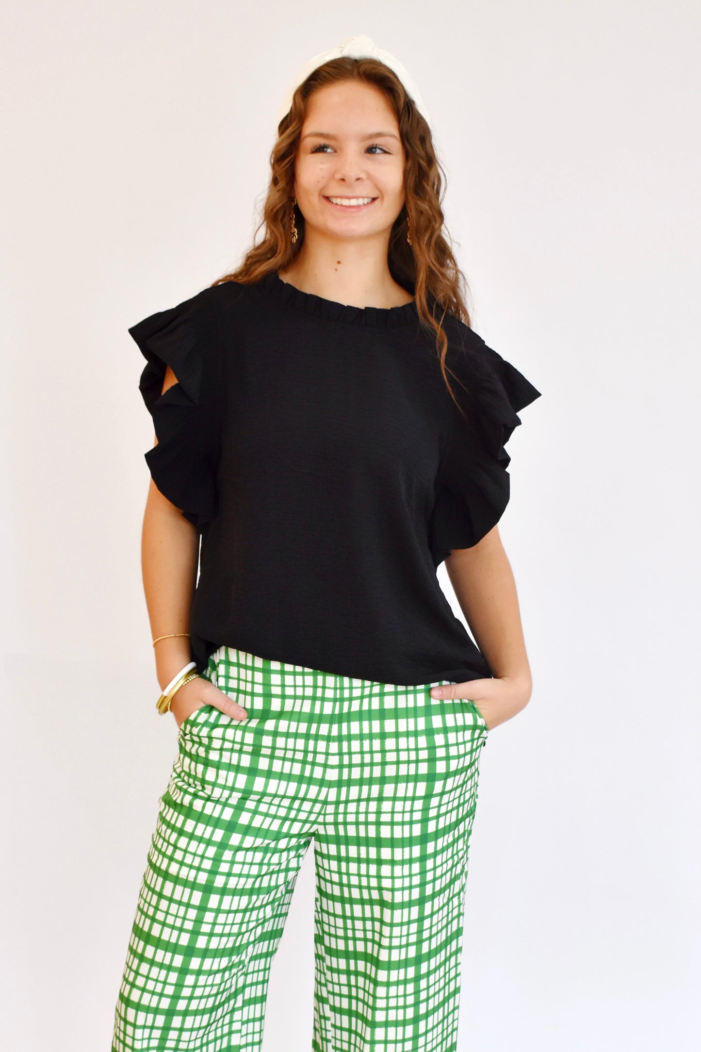 Black Ruffle Cap Sleeve Blouse