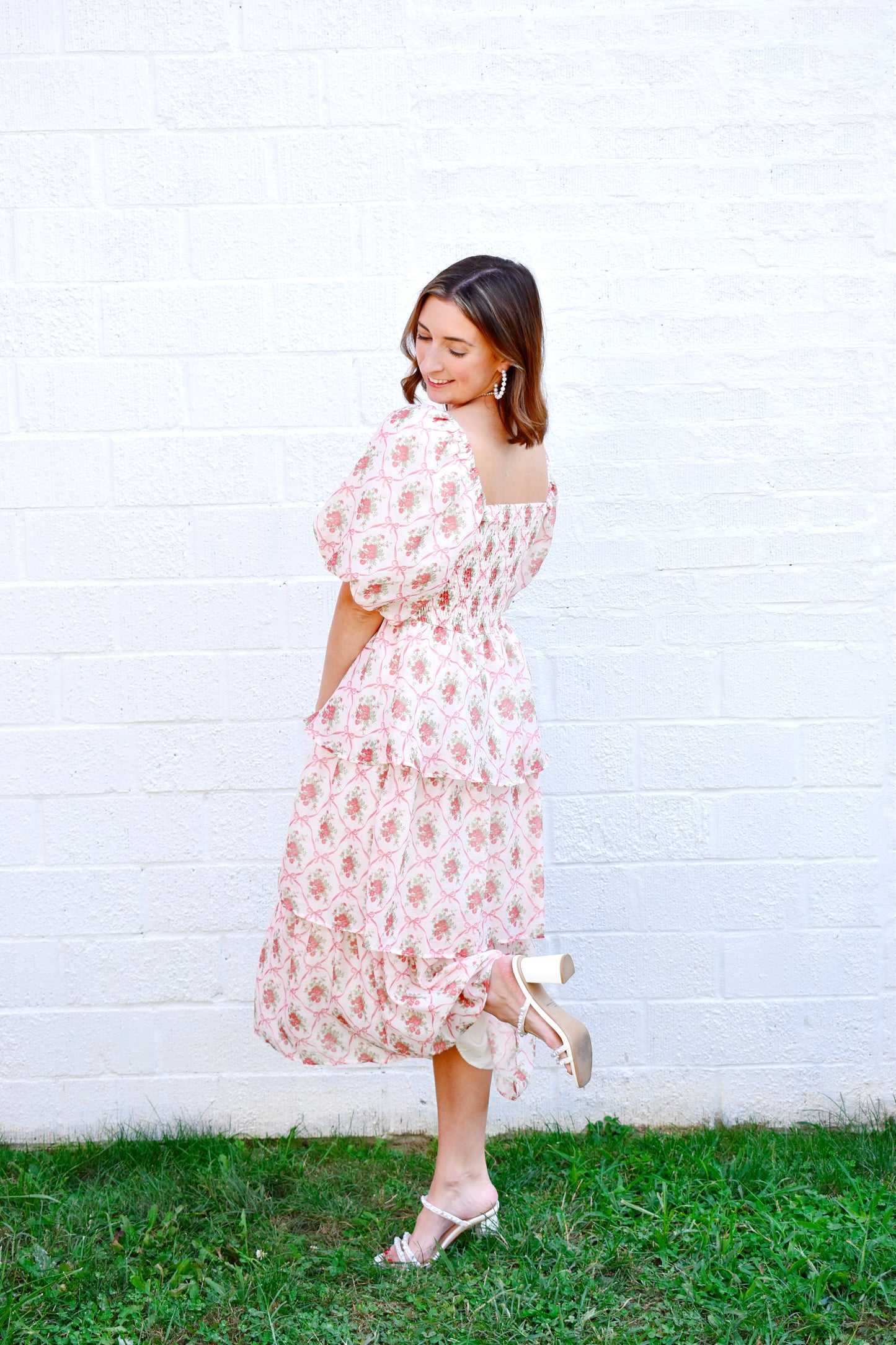 floral bow tiered midi dress Floral Tiered Midi Dress In Amber