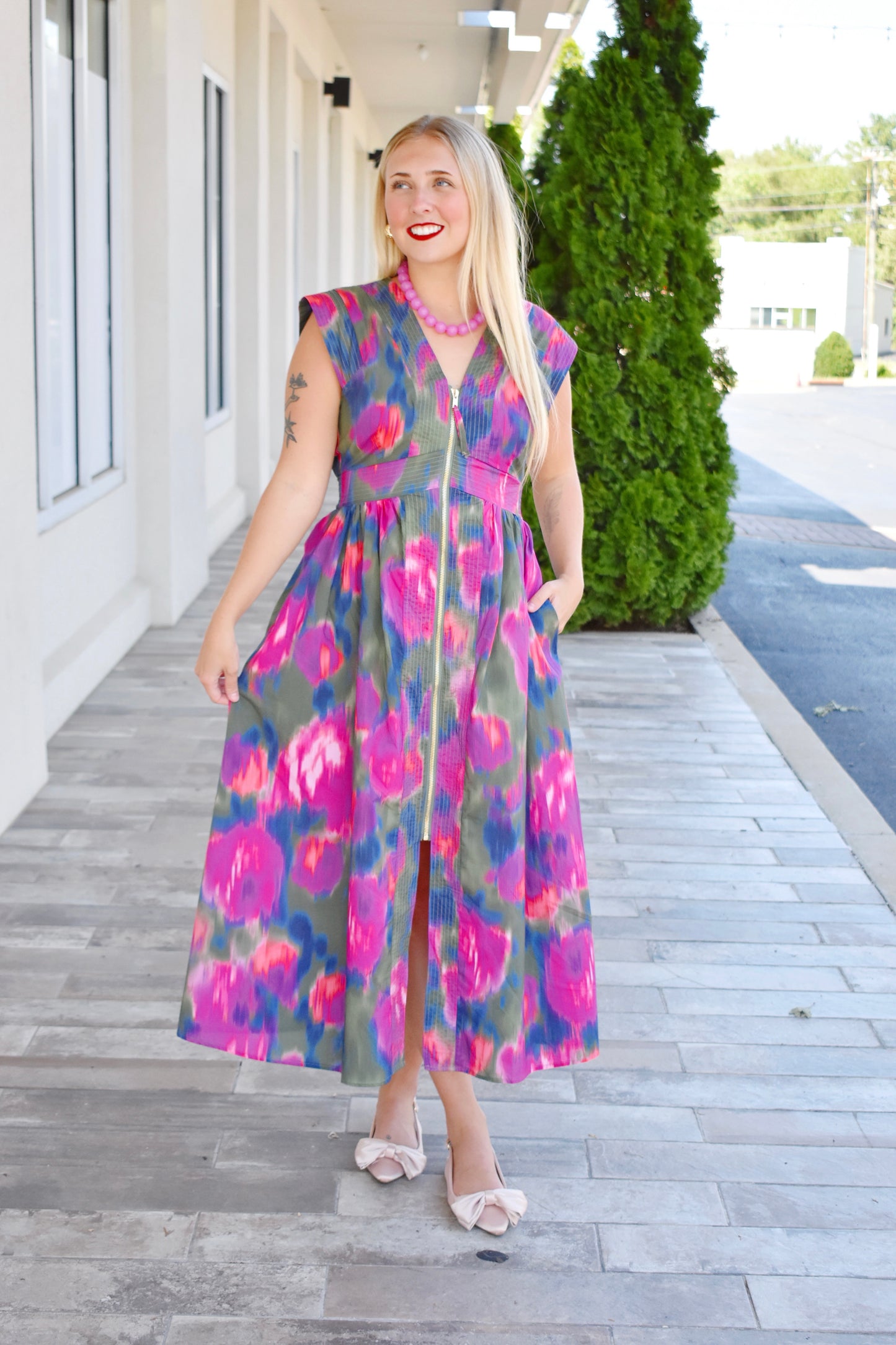 Magenta Watercolor Zip Midi Dress