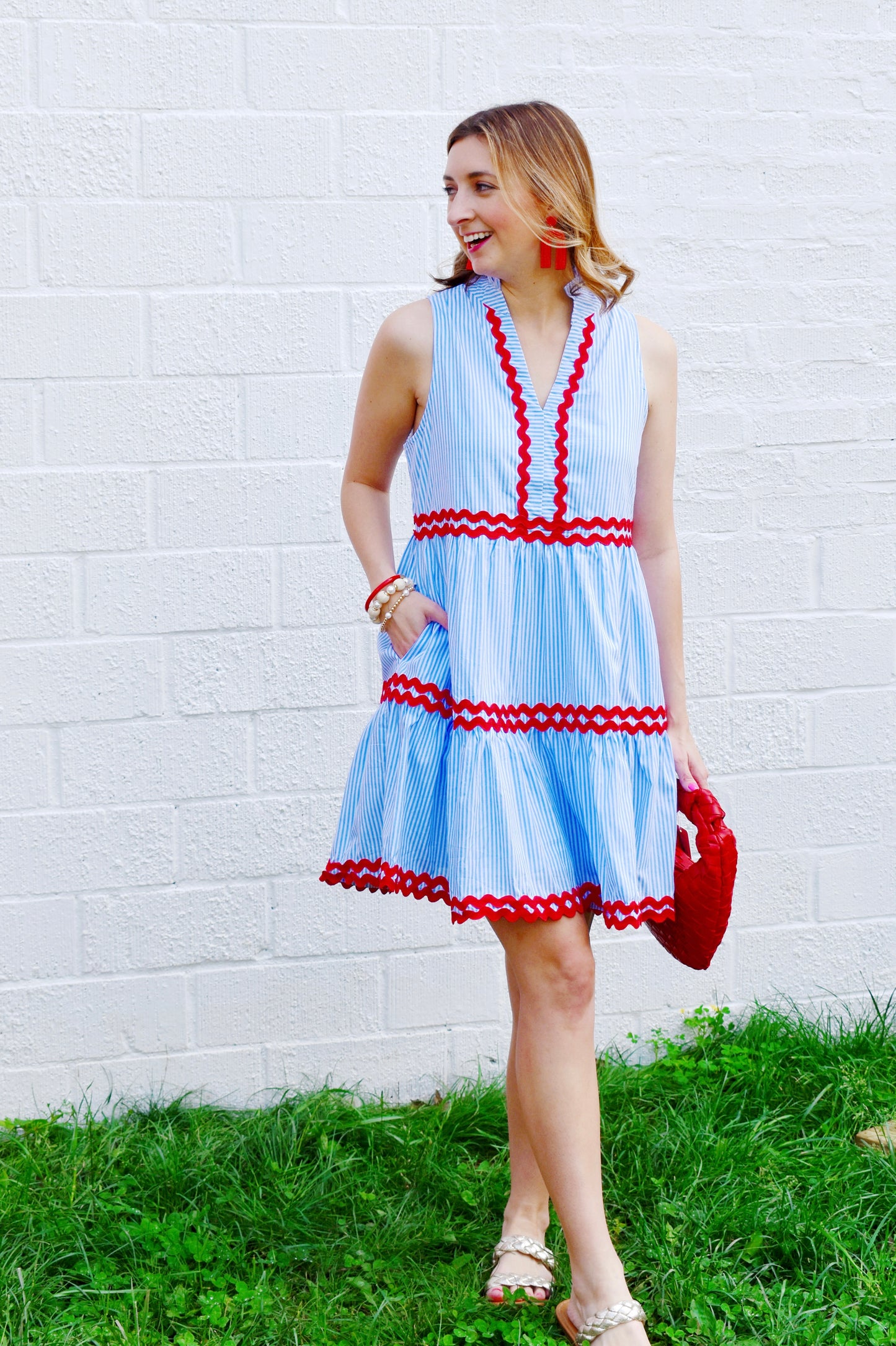 Blue Striped Red Ric Rac Dress – Confetti Boutique