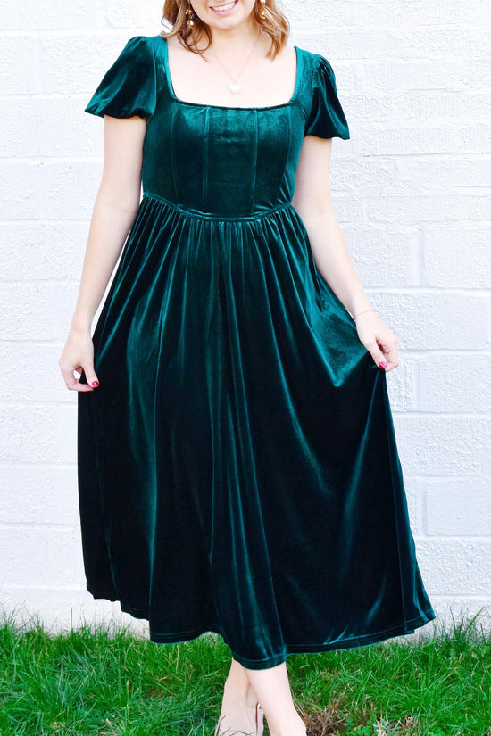 Green Velvet Puff Sleeve Midi Dress