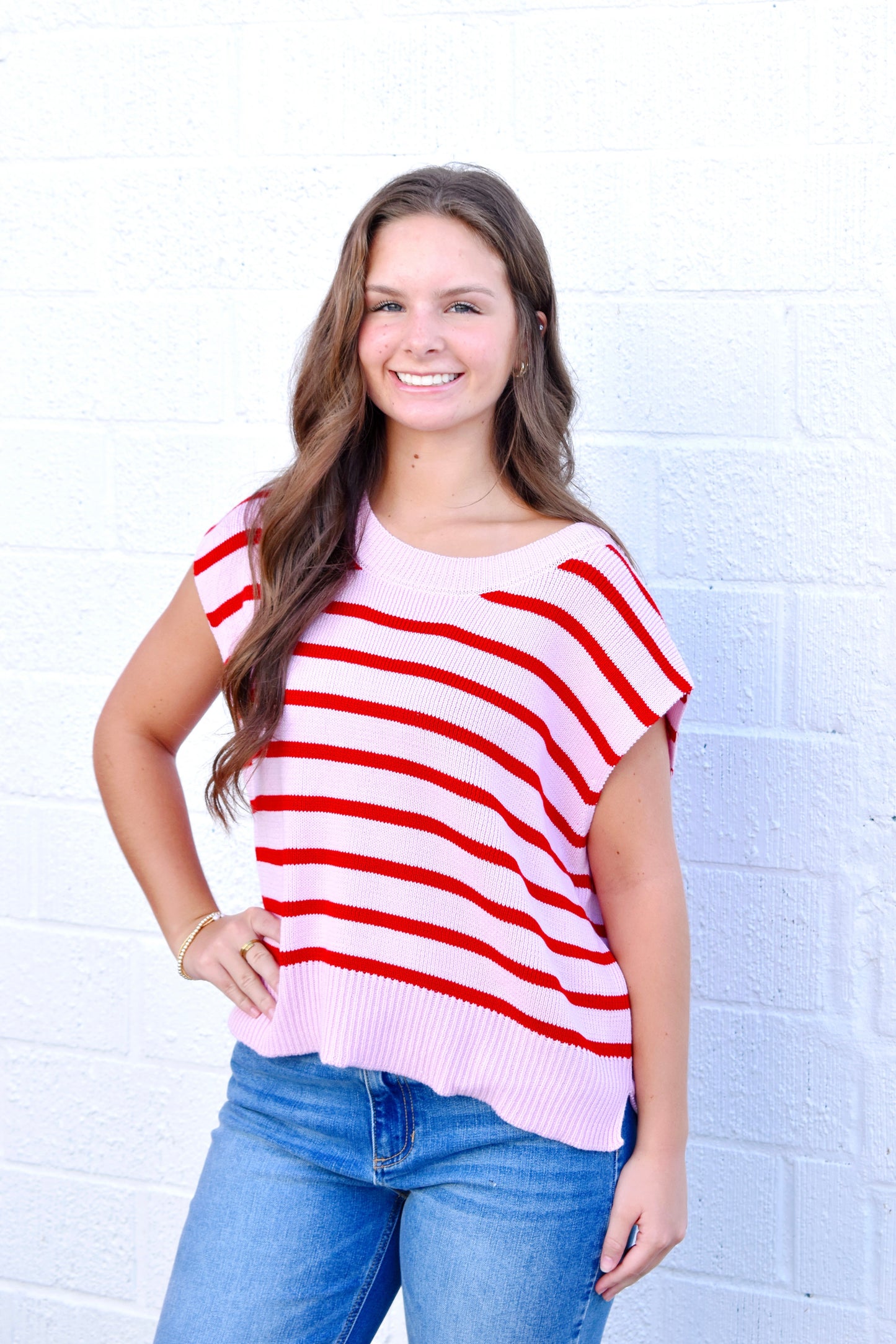 Pink Red Striped Sweater Top