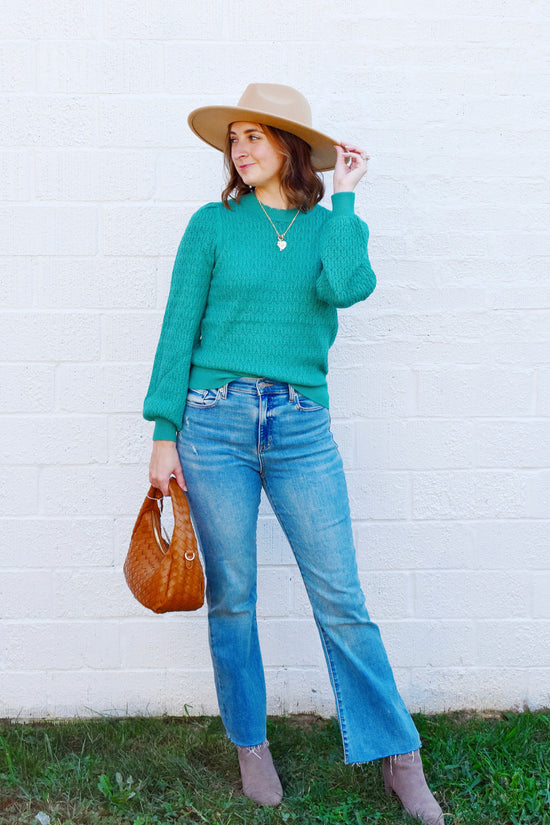 Sea Green Puff Sleeve Scallop Sweater