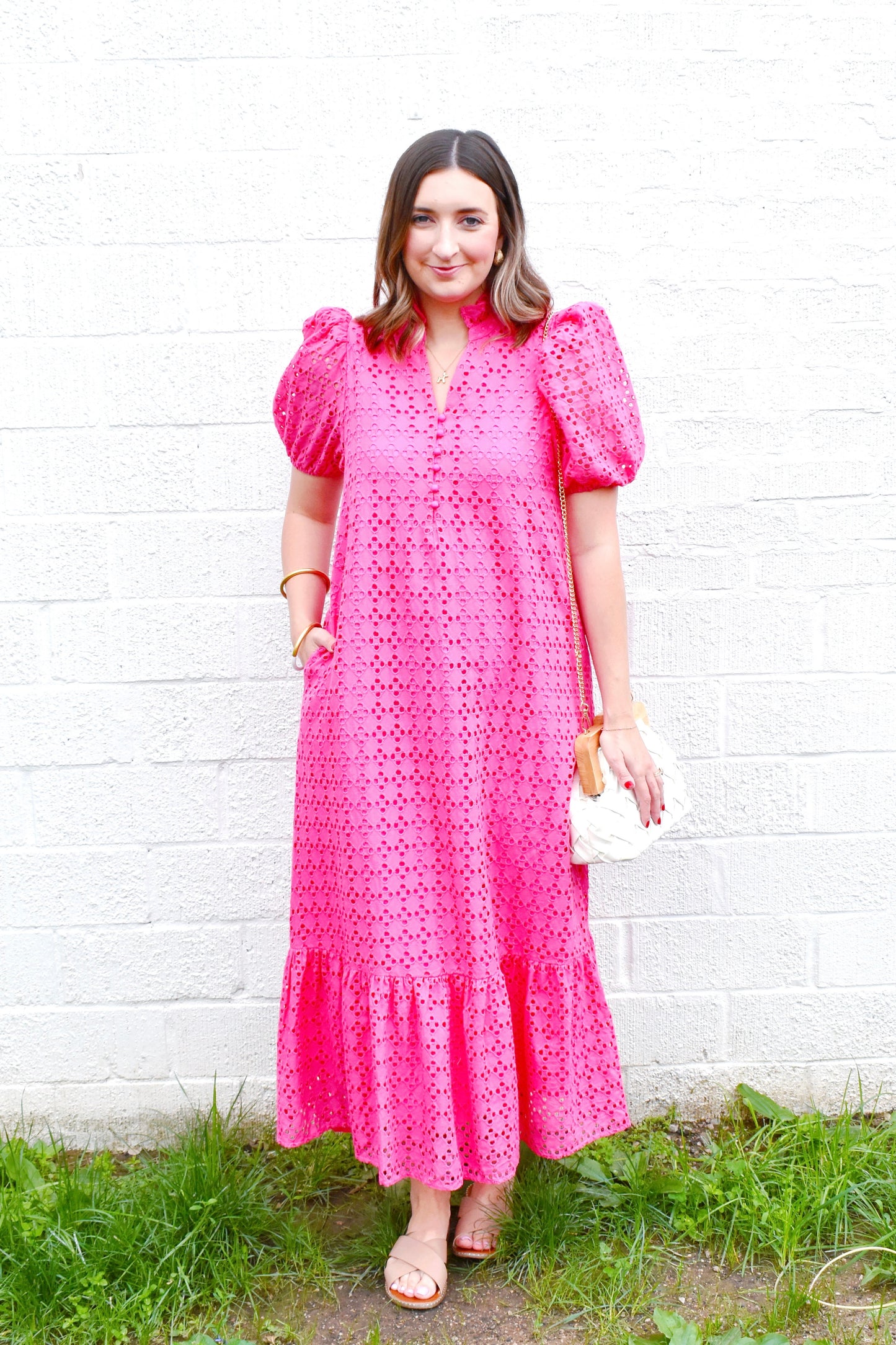 Hot Pink Eyelet Midi Dress