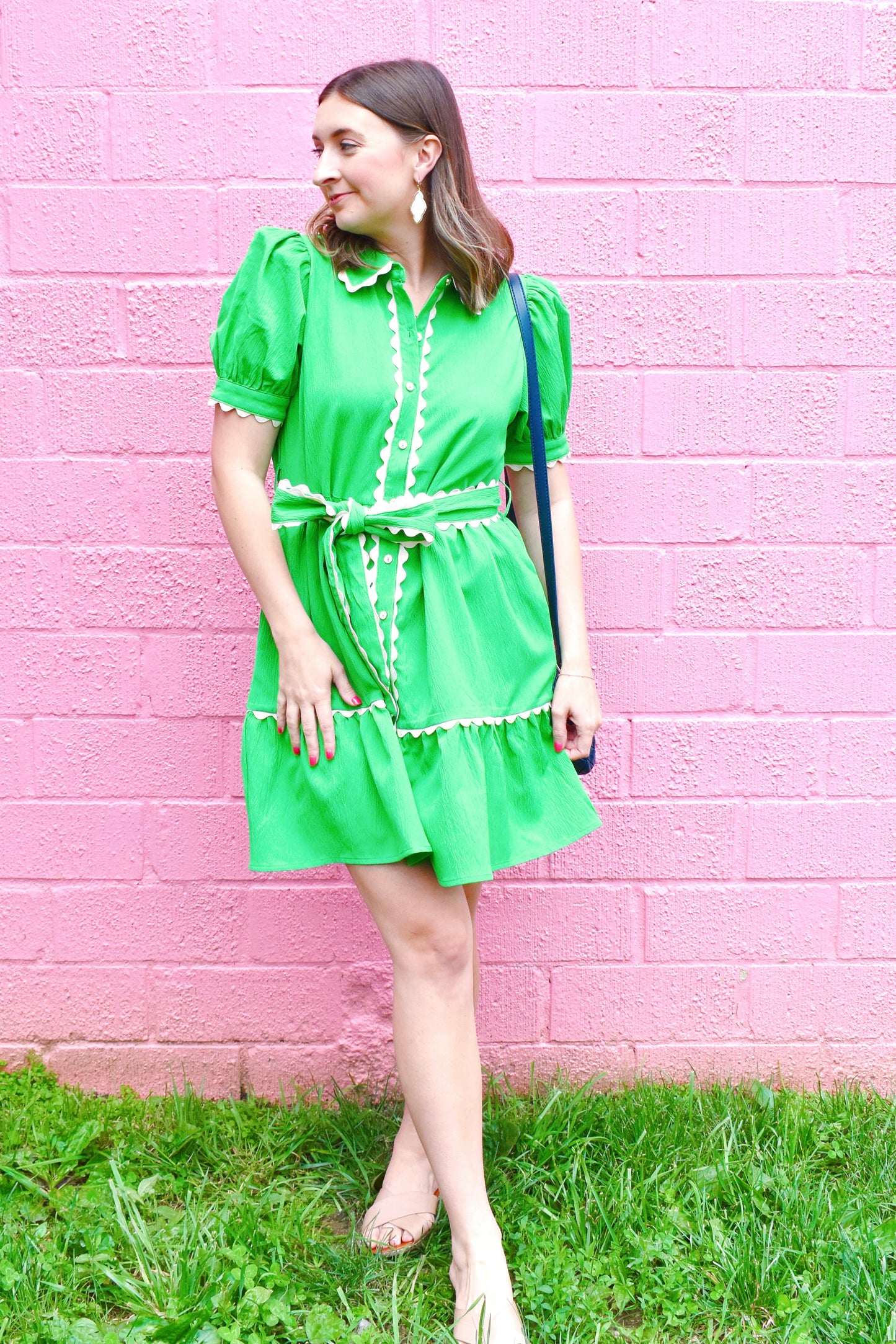 Kelly Green Ric Rac Tie Waist Dress