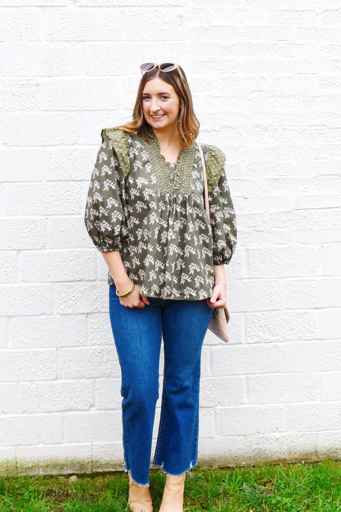 Olive Floral Contrast Printed Ruffle Blouse