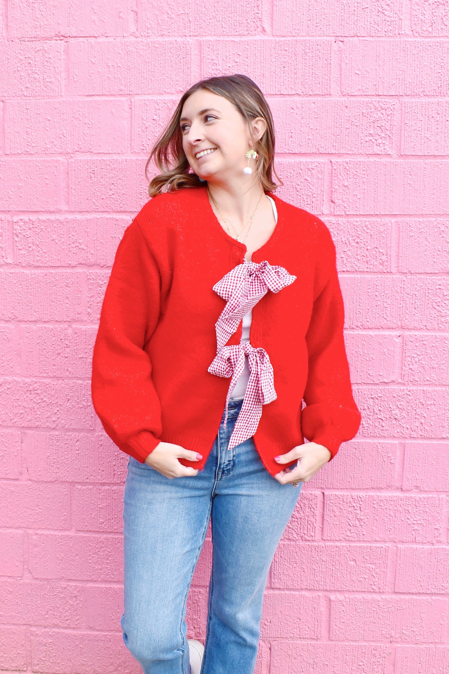 Red Gingham Bow Cardigan Sweater
