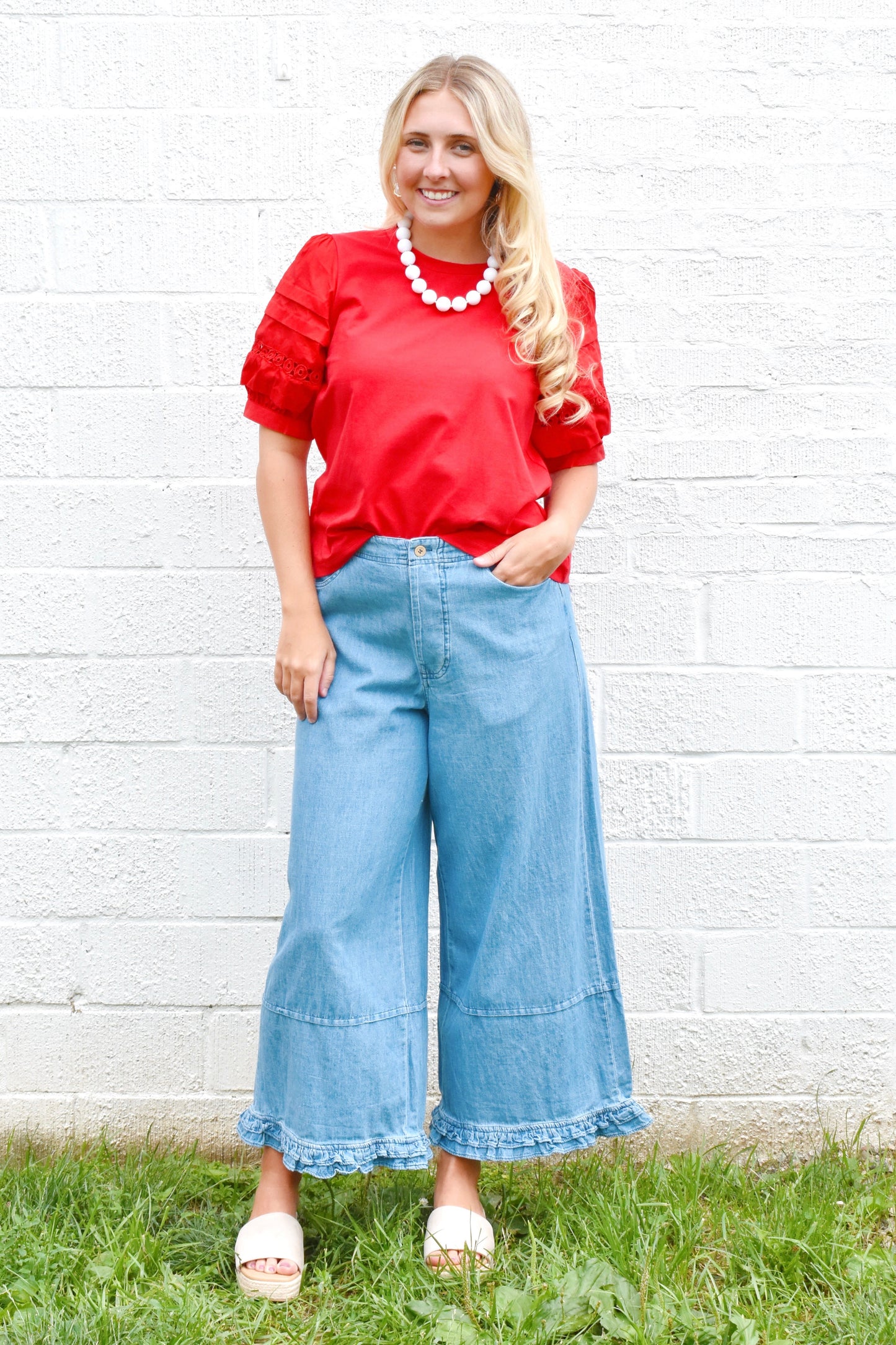 Red Lace Accent Puff Sleeve Top
