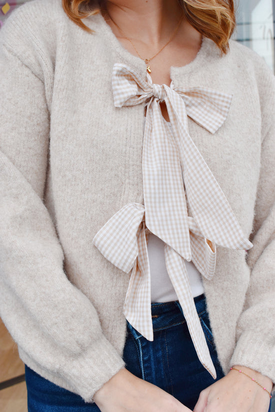 Beige Gingham Bow Cardigan Sweater