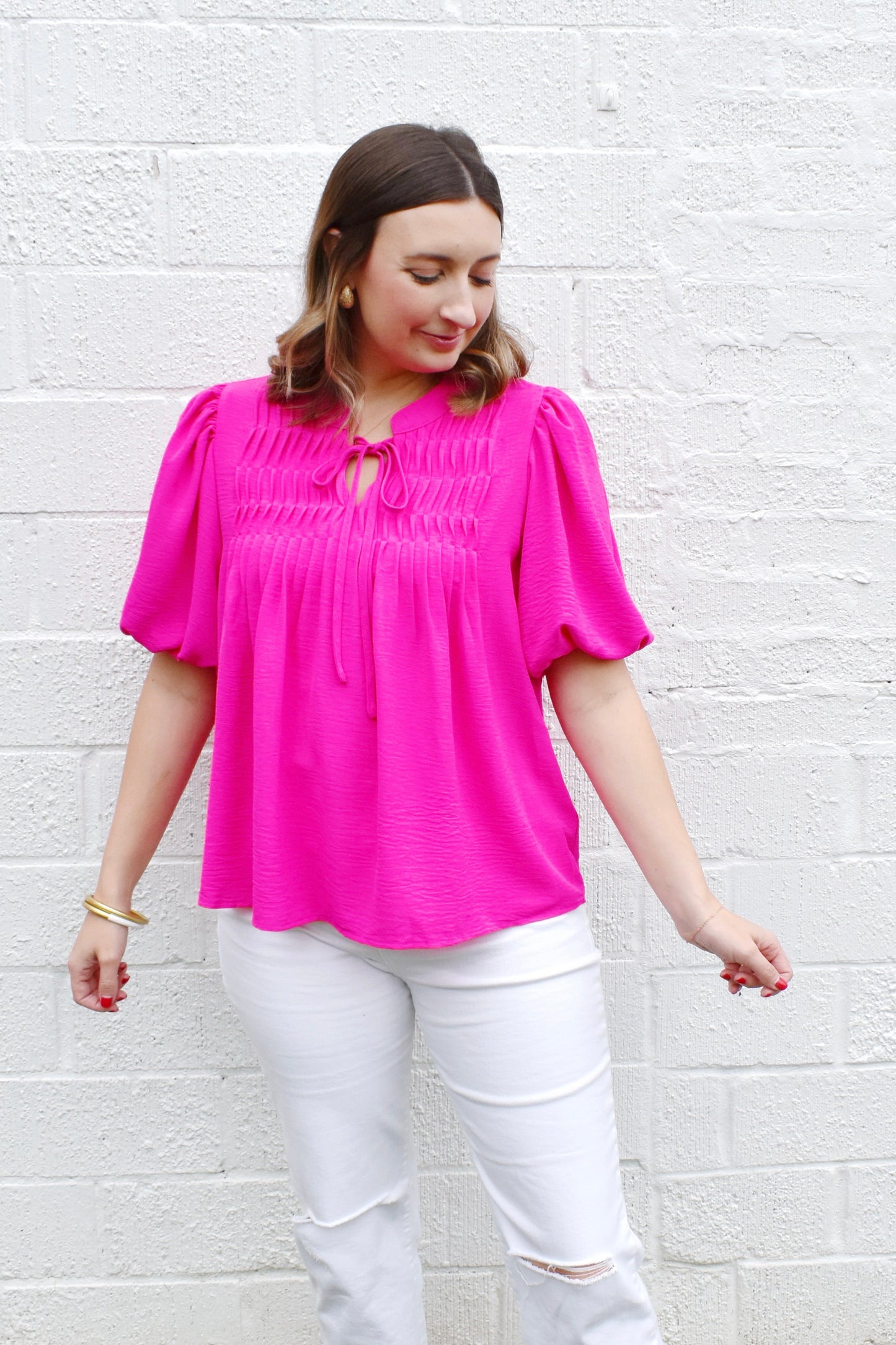 Hot Pink Pintuck Detail Tie Neck Blouse