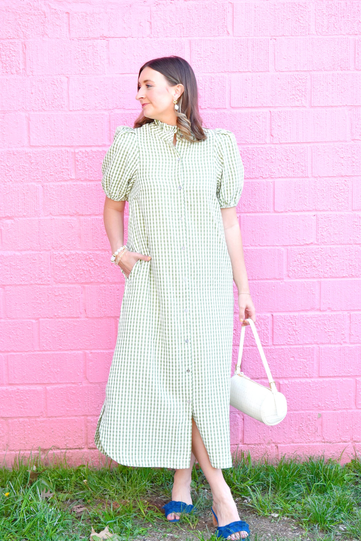 Matcha Gingham Button Down Midi Dress