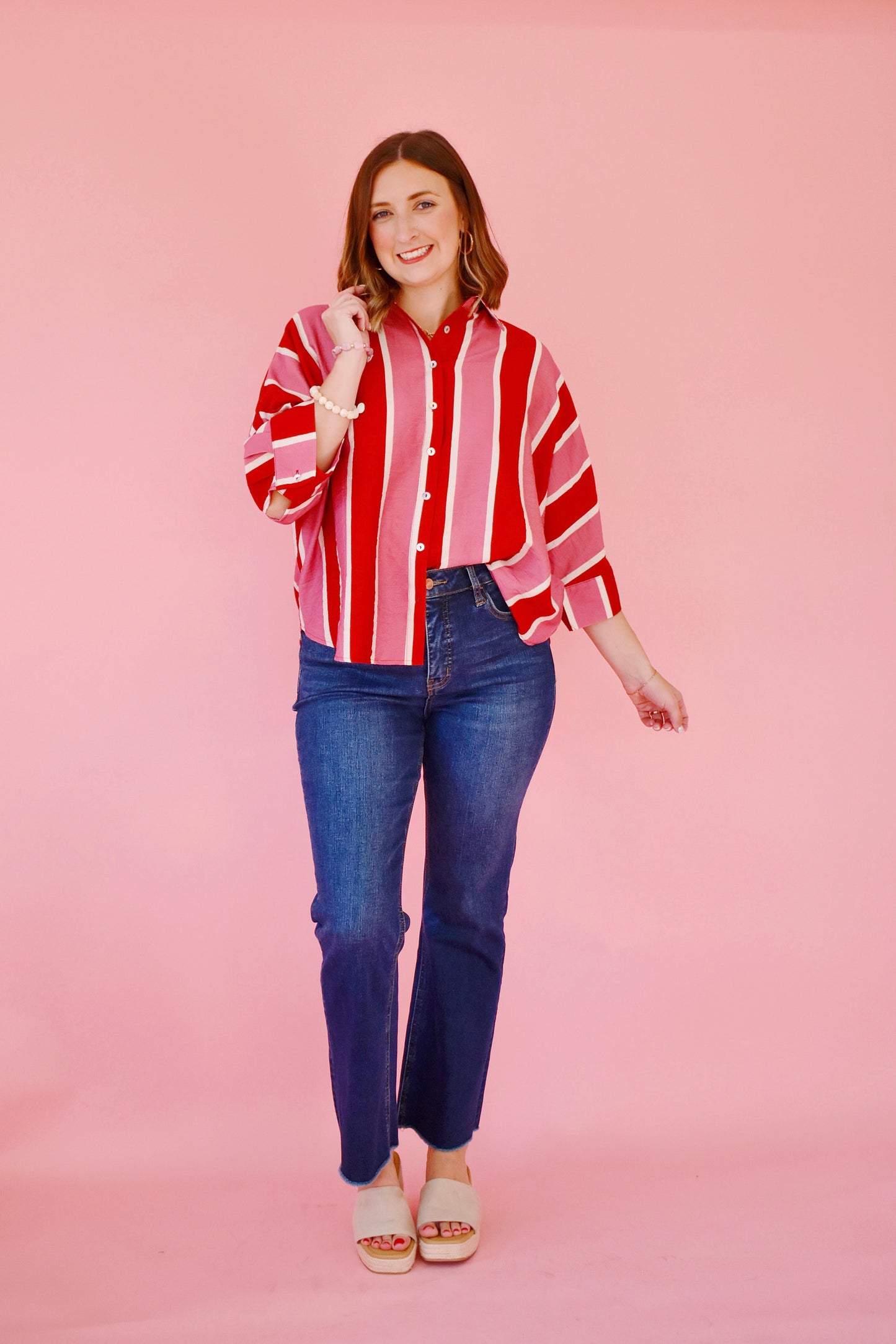 Rust Pink Striped Button Down Blouse