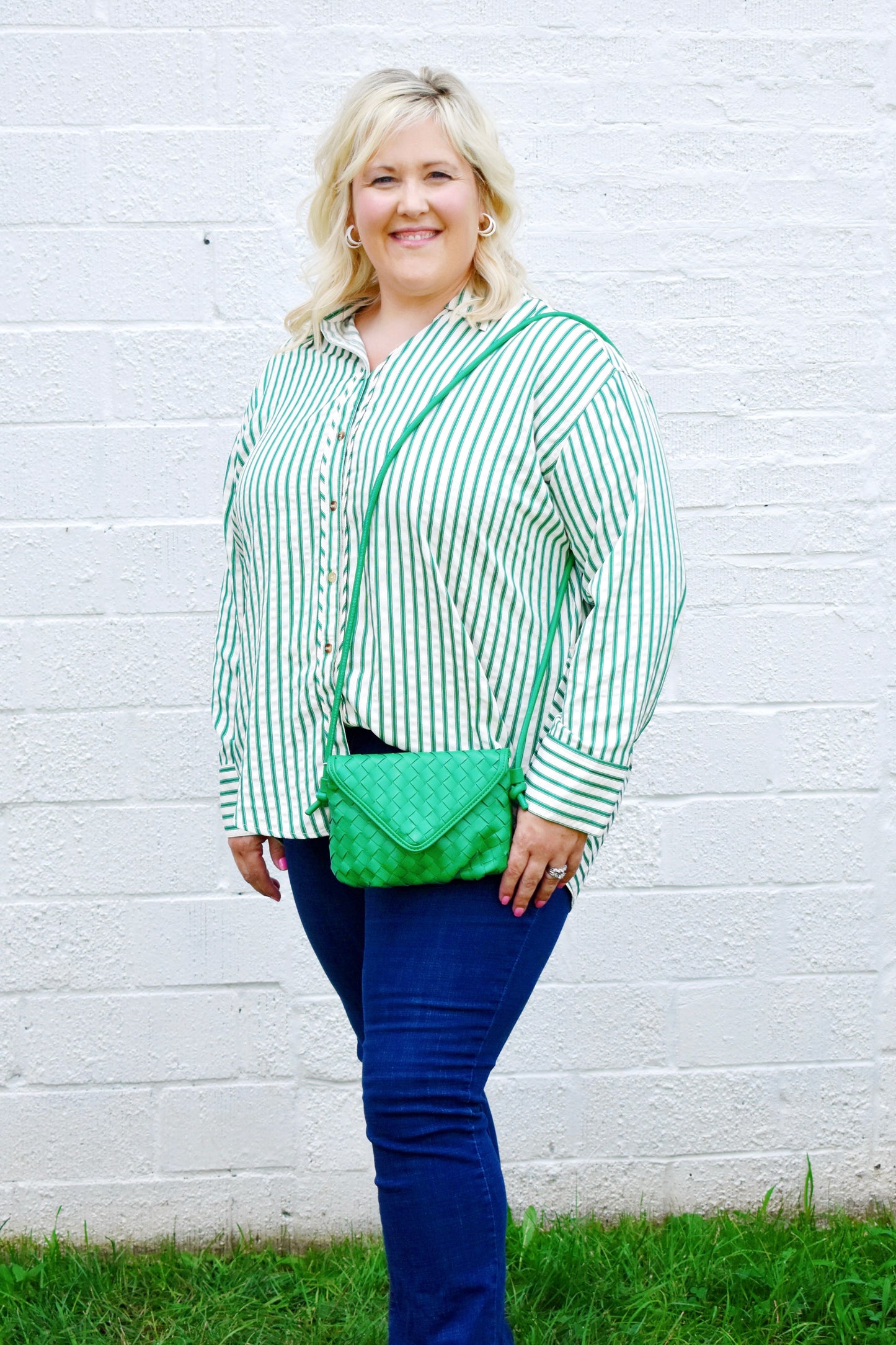 Plus Green Stripe Button Down Top