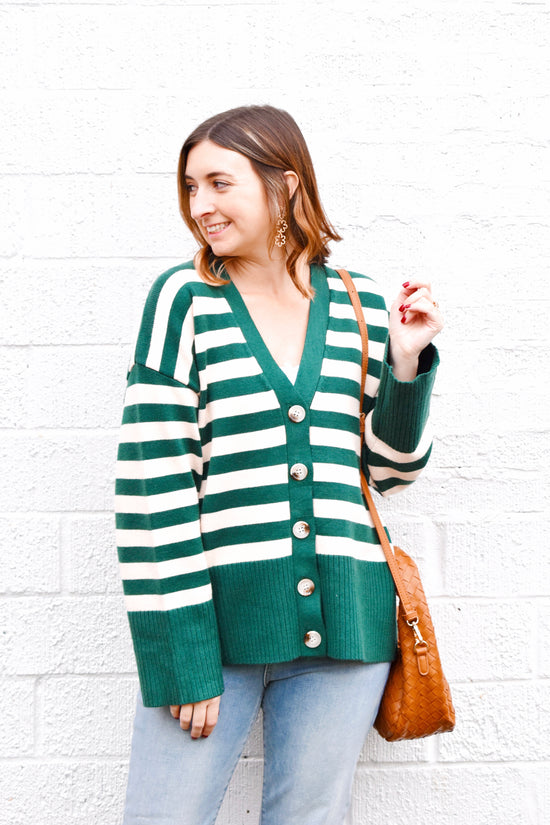 Hunter Green Striped Cardigan Sweater