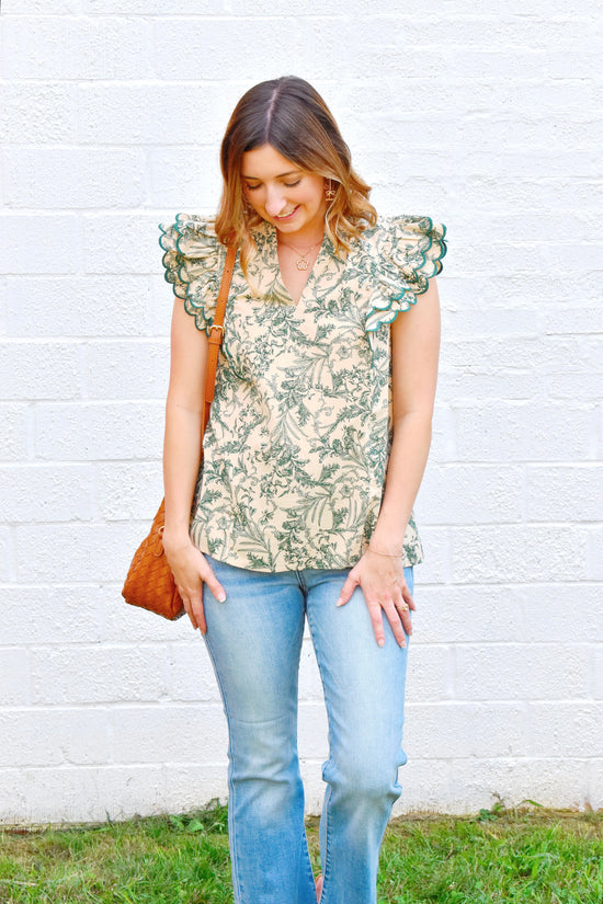 Hunter Green Toile Ruffle Blouse