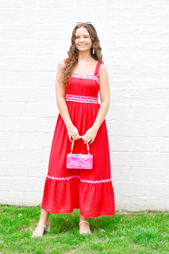 red ric rac dress Boardwalk Chic Ric-Rac Midi Dress in Red