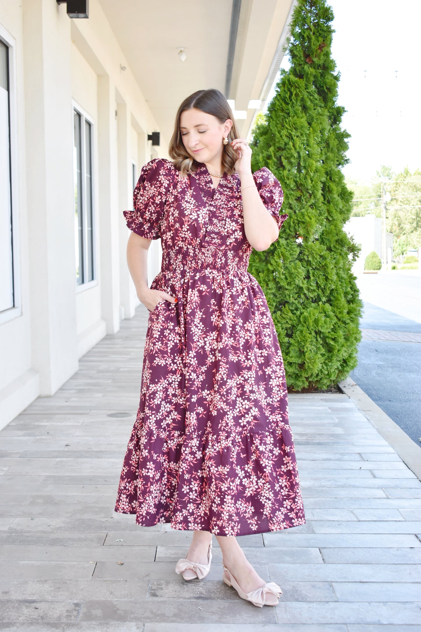 Wine Floral Ruffle Neck Smock Waist Midi Dress