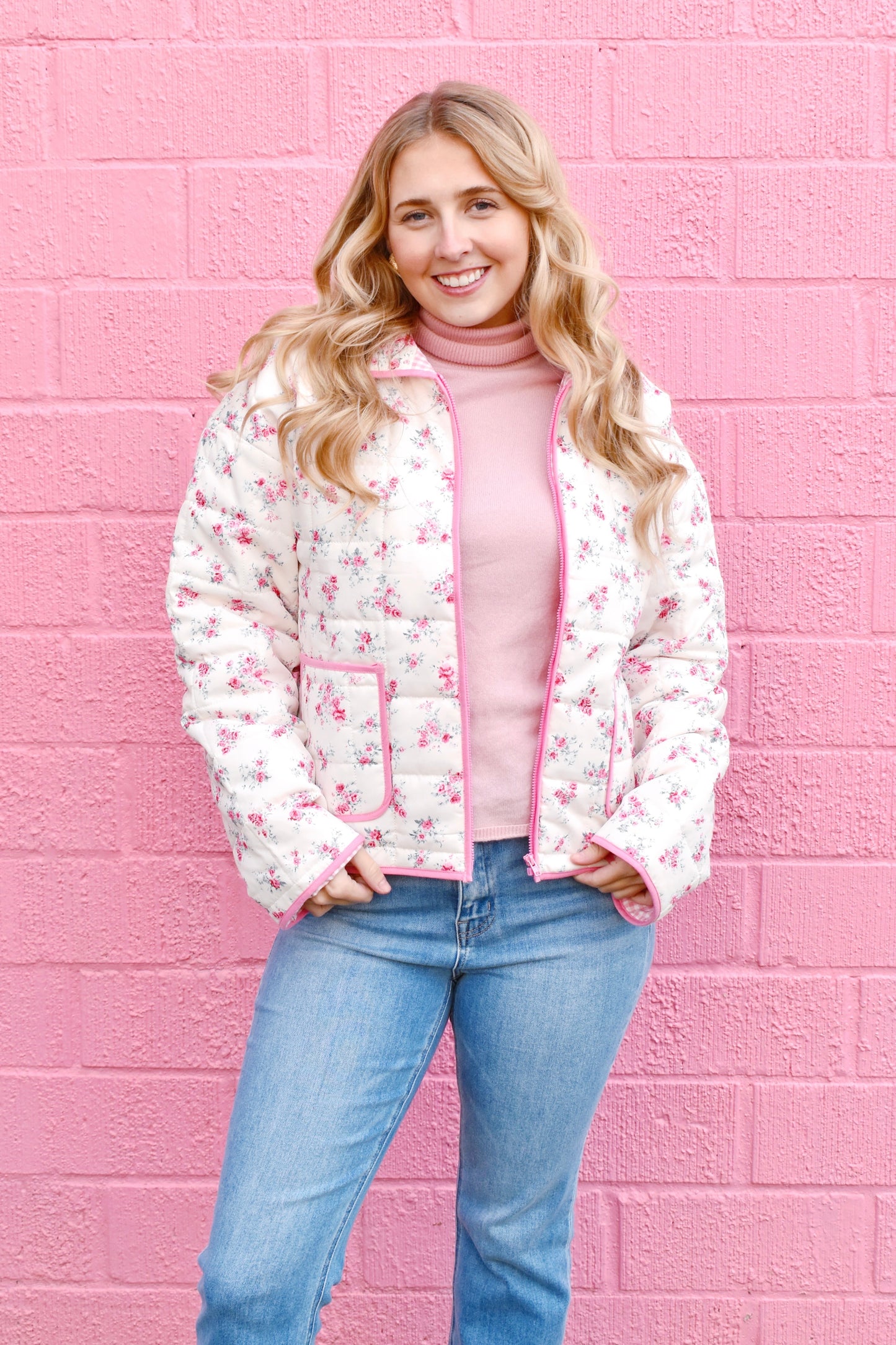 Pink Floral Quilted Zip Up Jacket