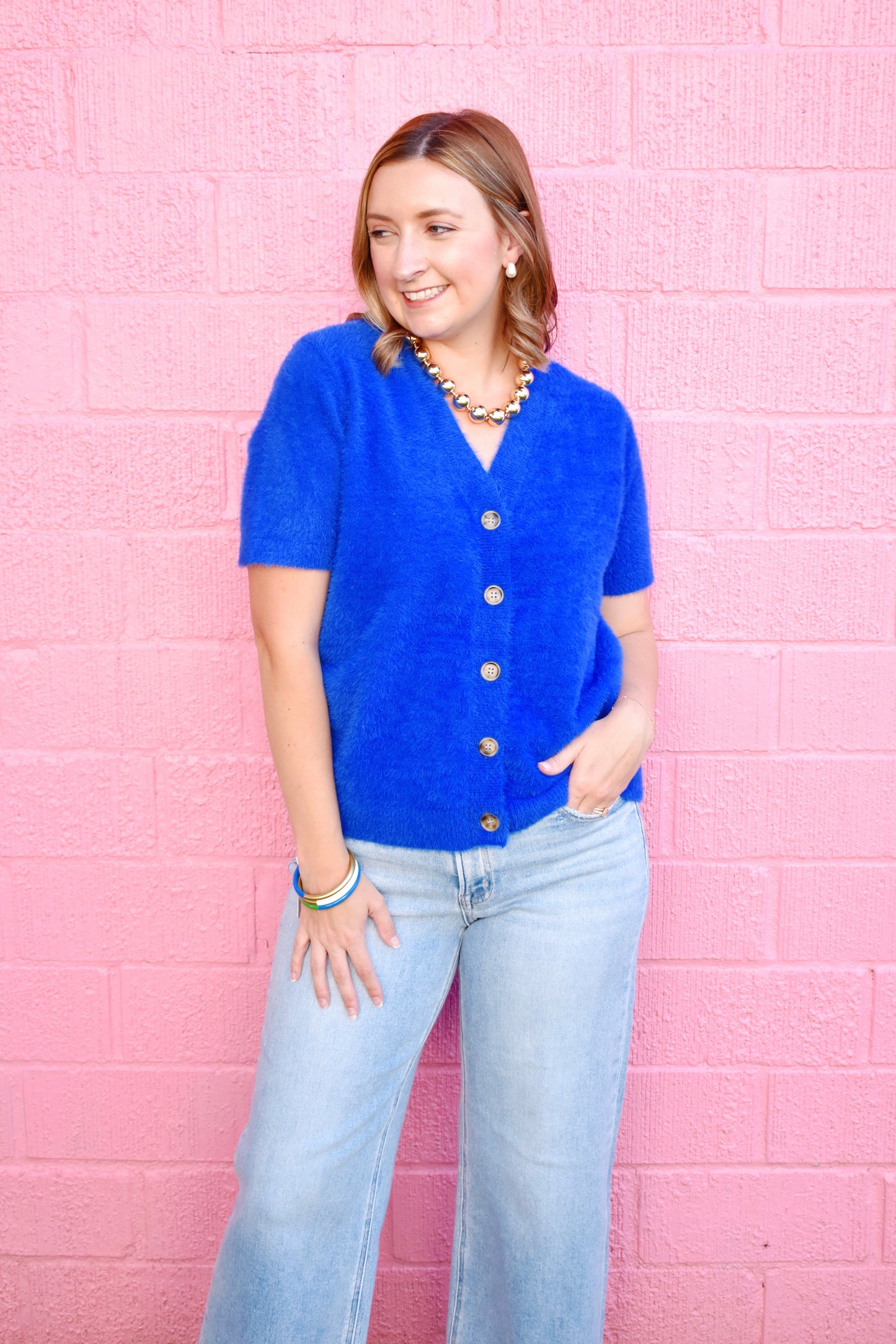 Royal Blue Button Down Short Sleeve Cardigan