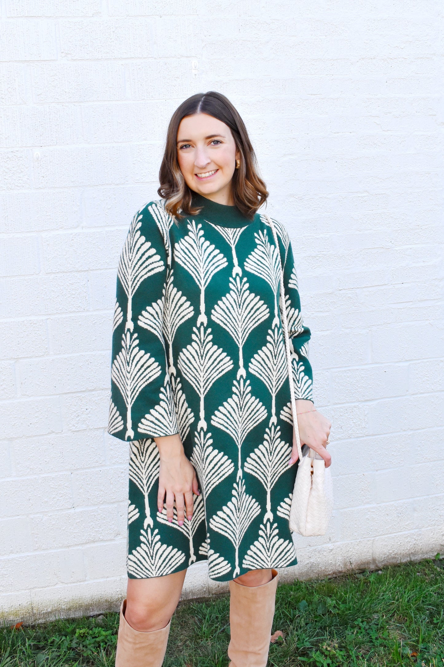 Forest Green Abstract Fan Print Sweater Dress