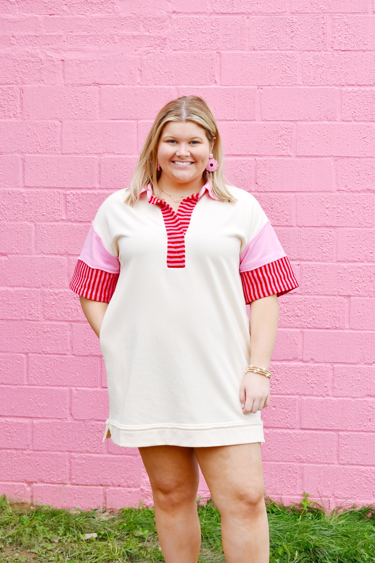 Collared Pink & Red Striped Detail Dress