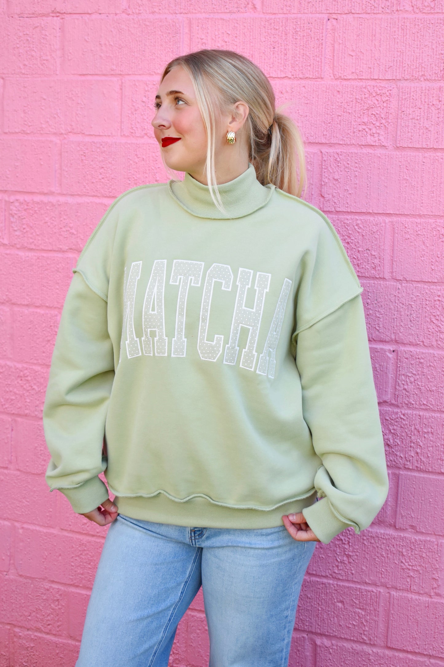 Matcha Polka Dot Mock Neck Sweatshirt