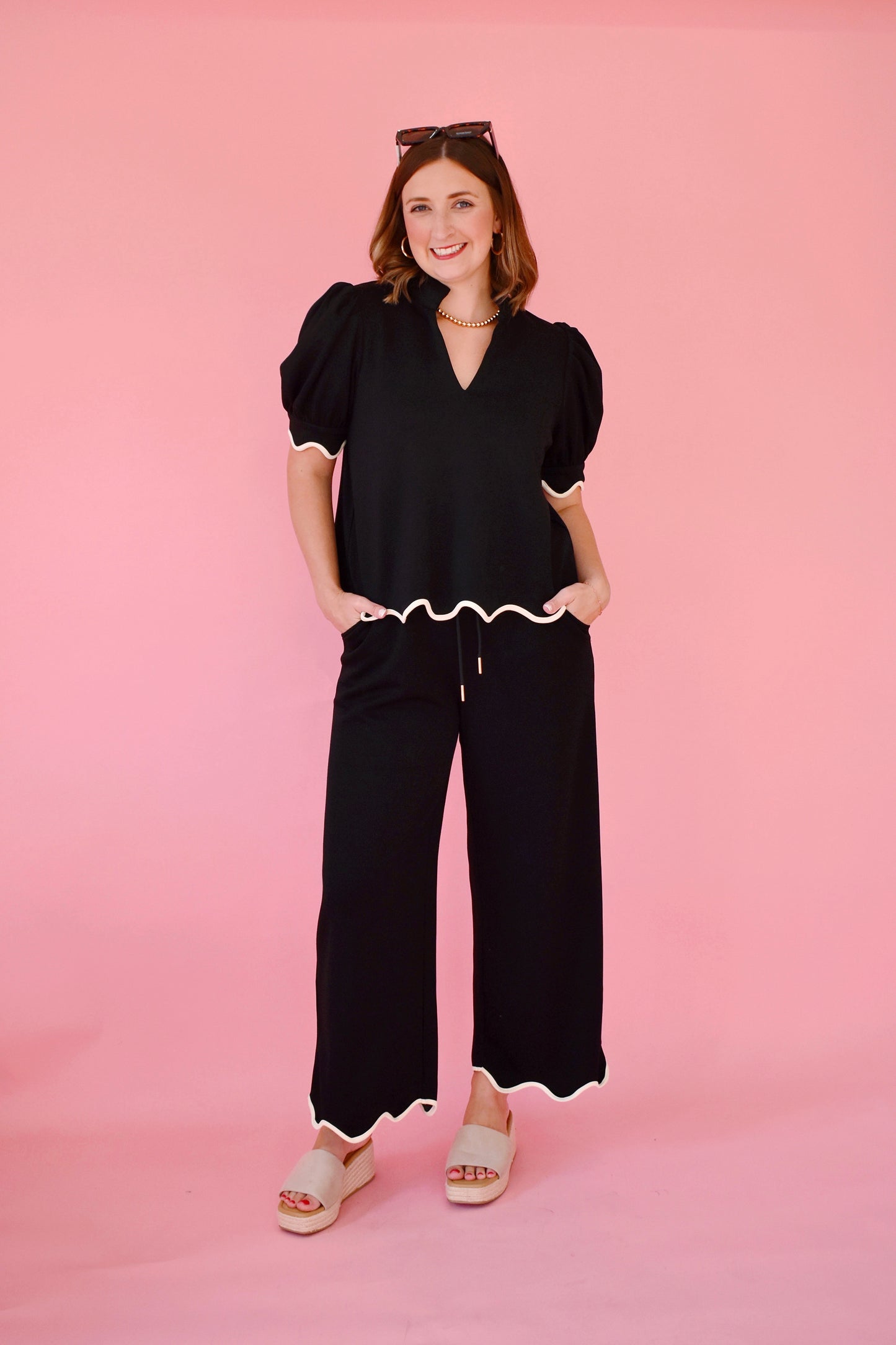 Black Scallop Edge Drawstring Pants