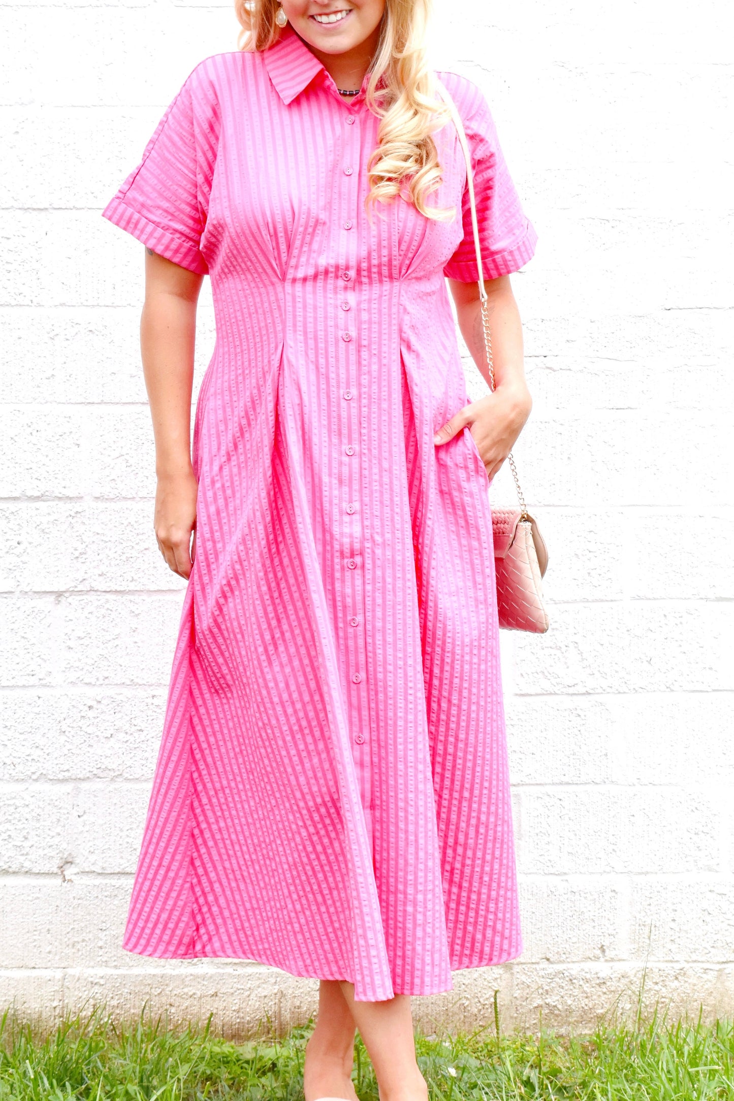 Fuchsia Button Up Collared Midi Dress