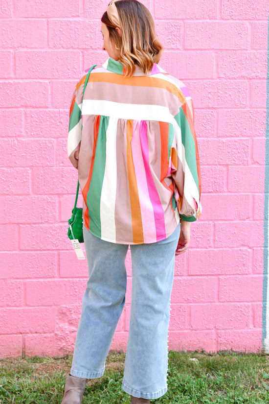 Colorful Fall Striped Button Down Blouse